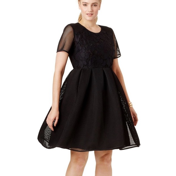 Eloquii Black, Mesh and Lace, Fit & Flare Dress - Picture 2 of 12